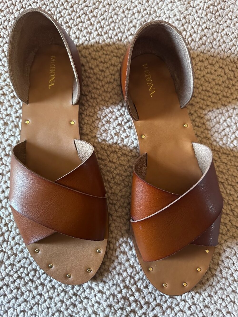 Merona Cognac Crisscross Studded Flat Sandals Size 10